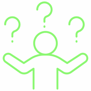 Symbolgrafik eines fragenden Männchens mit drei hellgrün leuchtenden Fragezeichen – steht für Unklarheit oder Entscheidungsfindung.