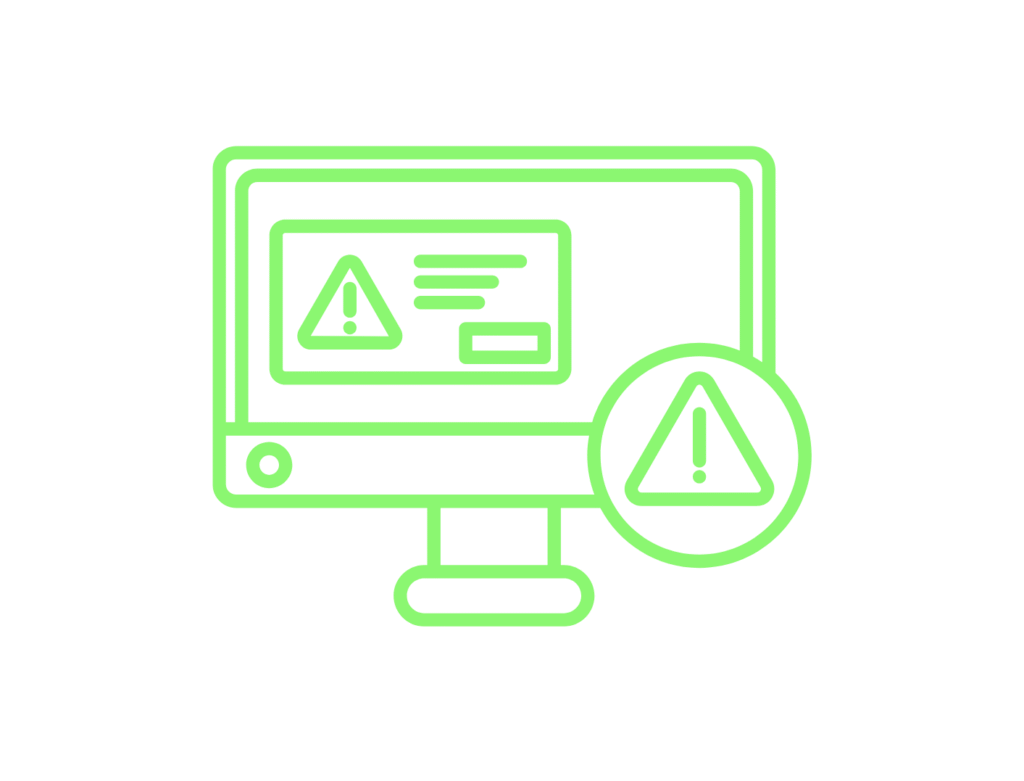 Grünes Icon eines Bildschirms mit Warnsymbol – steht für Warnung oder Risikoerkennung.