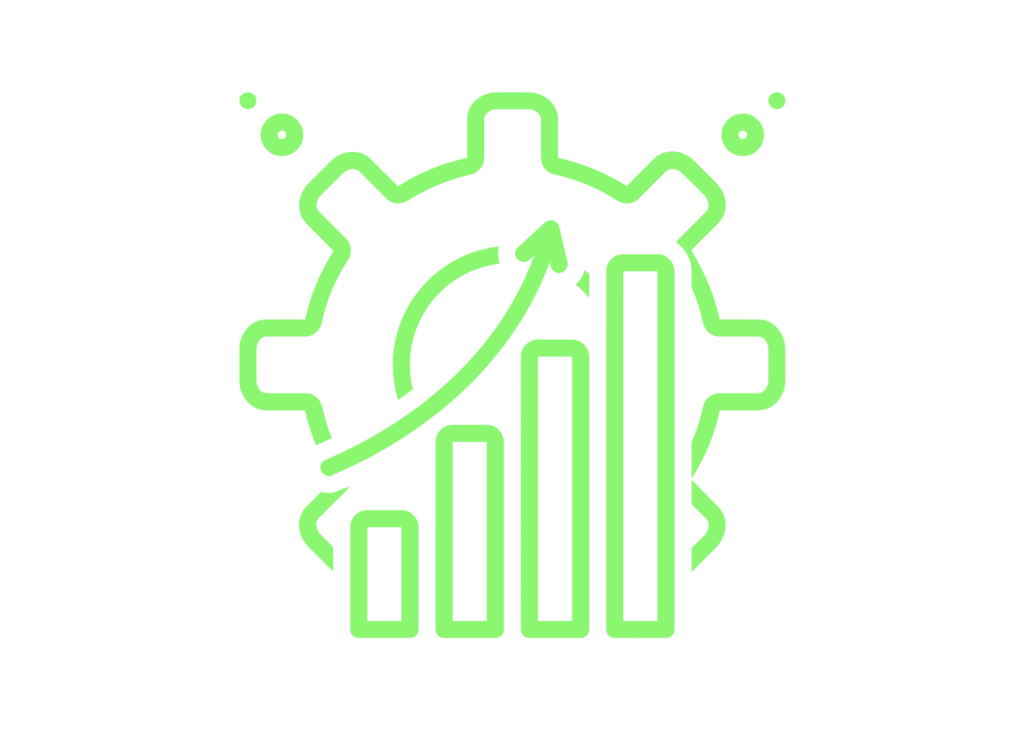 Grünes Icon eines Zahnrads mit Balkendiagramm und Pfeil – Symbol für Fortschritt und Effizienz.